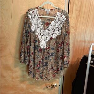 Vintage America White and Brown Embellished 3/4 Sleeve Blouse